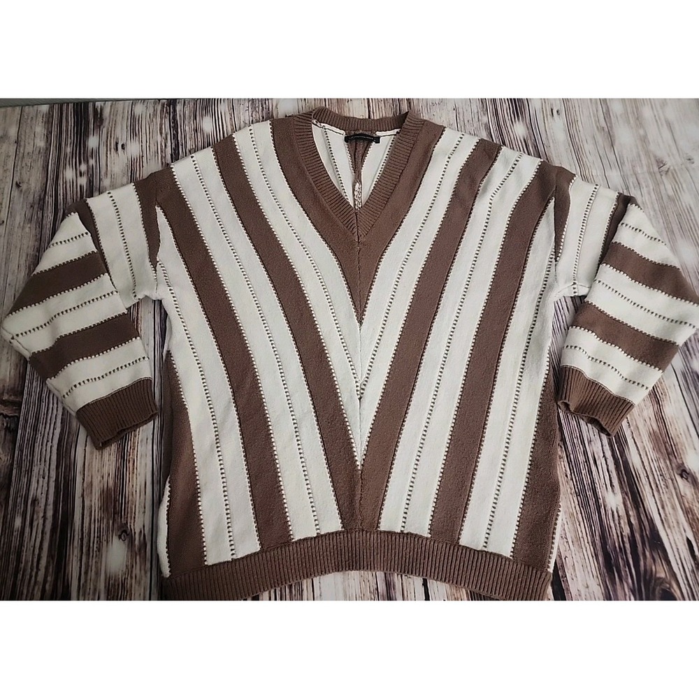 Pretty Garden 3D Knit Sweater Women's XL Brown Ivory Hipster‎ Soft Striped Retro